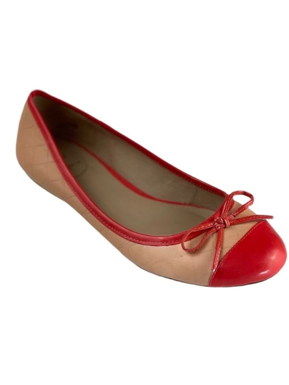 Jack Rogers Red & Beige Quilted Ballet Flats Size 8M With Bow Accent Womens Shoe